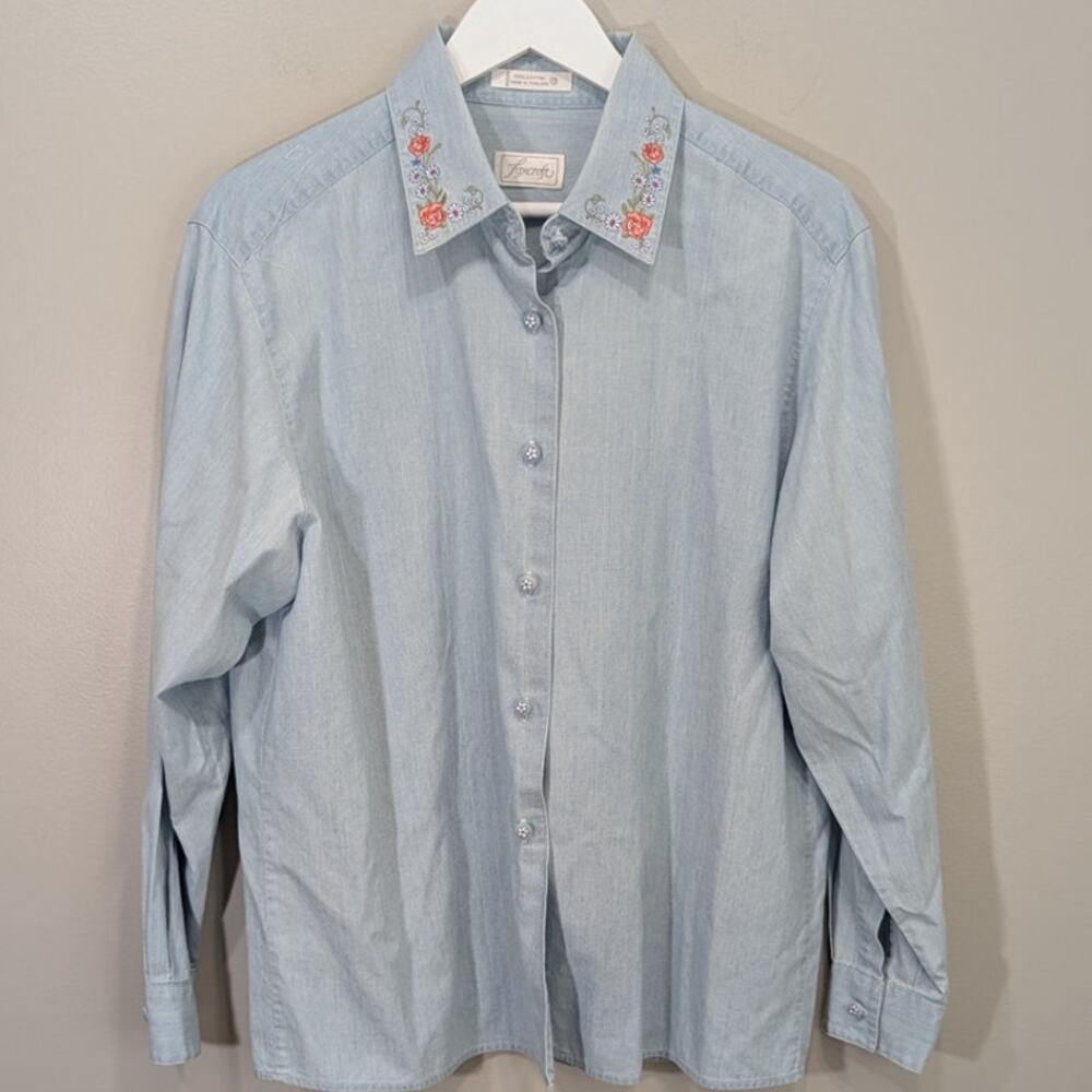 FoxCroft Chambray Embroidered Shirt Floral Cottagecore Feminine Shabby - Size 12